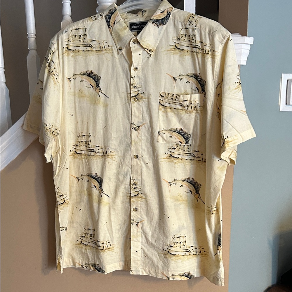 Field & Stream Men's Cream Marlin Print Shirt 2XL